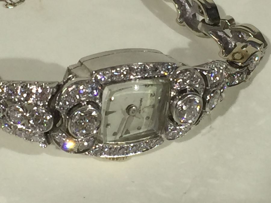 Spectacular Women's Hamilton Platinum Watch Covered In Diamonds With 14K Gold Watch Band Covered In Diamonds Estimate $3,000-$5,000 [Photo 34]