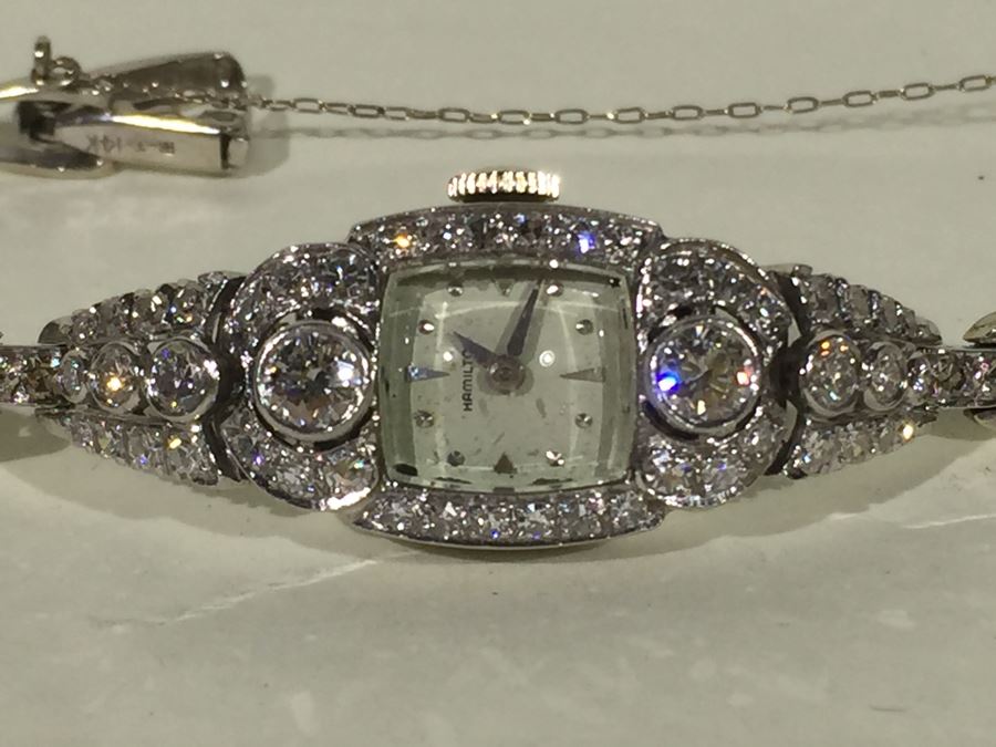 Spectacular Women's Hamilton Platinum Watch Covered In Diamonds With 14K Gold Watch Band Covered In Diamonds Estimate $3,000-$5,000 [Photo 65]