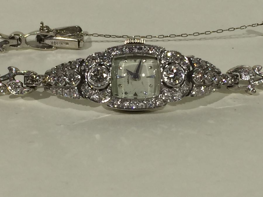 Spectacular Women's Hamilton Platinum Watch Covered In Diamonds With 14K Gold Watch Band Covered In Diamonds Estimate $3,000-$5,000 [Photo 66]