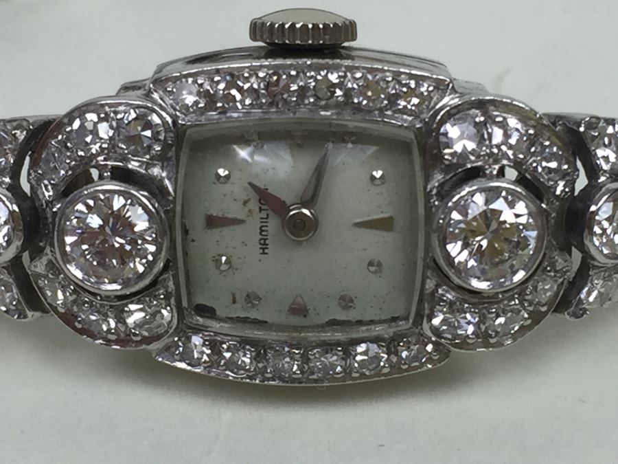 Spectacular Women's Hamilton Platinum Watch Covered In Diamonds With 14K Gold Watch Band Covered In Diamonds Estimate $3,000-$5,000 [Photo 12]