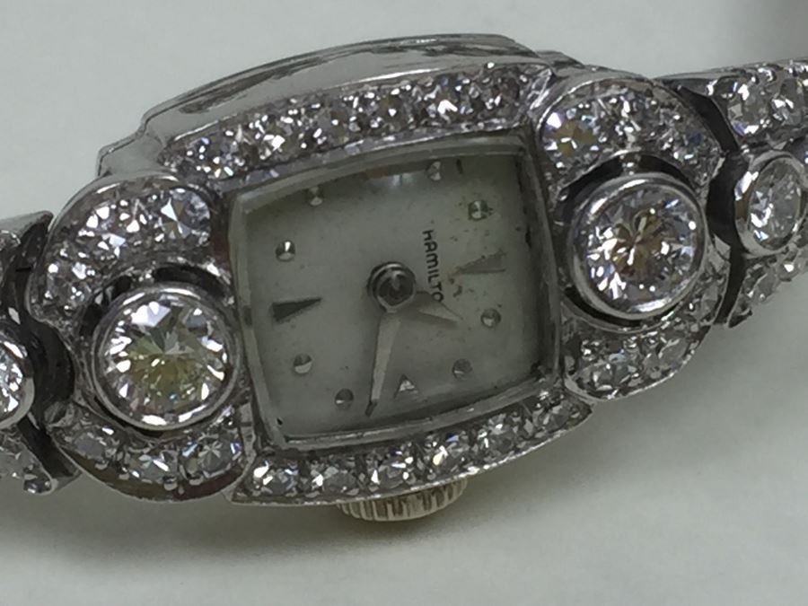Spectacular Women's Hamilton Platinum Watch Covered In Diamonds With 14K Gold Watch Band Covered In Diamonds Estimate $3,000-$5,000 [Photo 20]