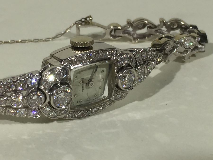 Spectacular Women's Hamilton Platinum Watch Covered In Diamonds With 14K Gold Watch Band Covered In Diamonds Estimate $3,000-$5,000 [Photo 49]