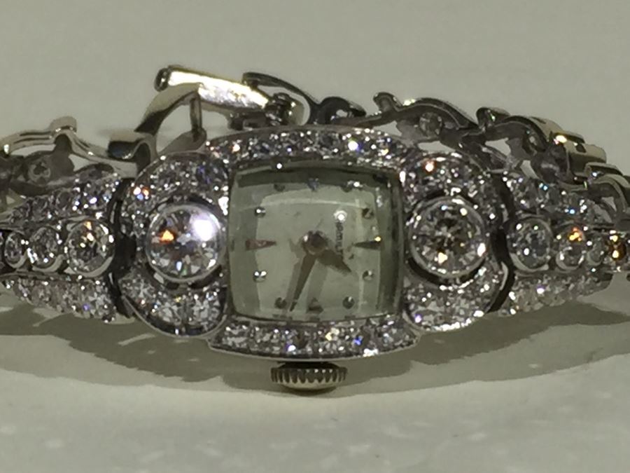 Spectacular Women's Hamilton Platinum Watch Covered In Diamonds With 14K Gold Watch Band Covered In Diamonds Estimate $3,000-$5,000 [Photo 42]