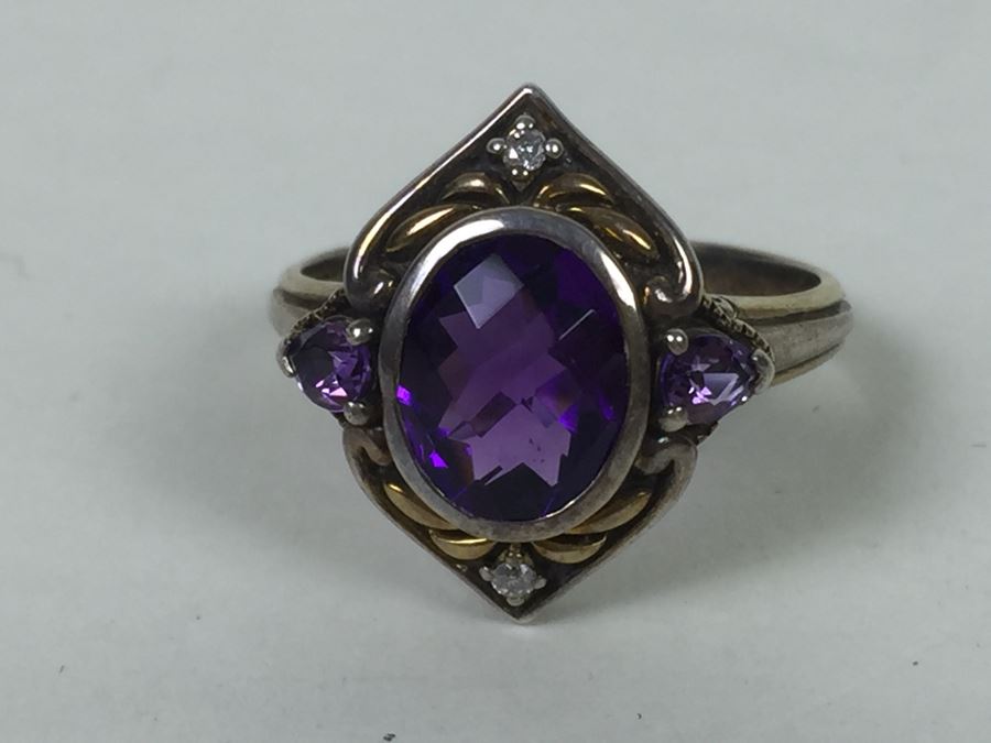 Sterling Silver Ring With Amethysts And Diamonds By Danbury Mint 5.54g [Photo 8]