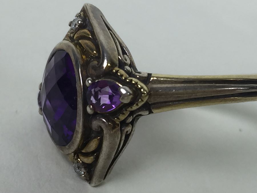 Sterling Silver Ring With Amethysts And Diamonds By Danbury Mint 5.54g [Photo 2]
