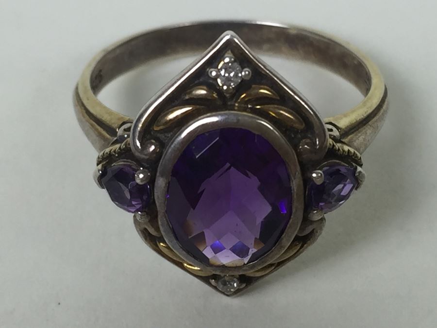 Sterling Silver Ring With Amethysts And Diamonds By Danbury Mint 5.54g [Photo 6]