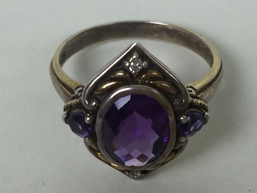 Sterling Silver Ring With Amethysts And Diamonds By Danbury Mint 5.54g