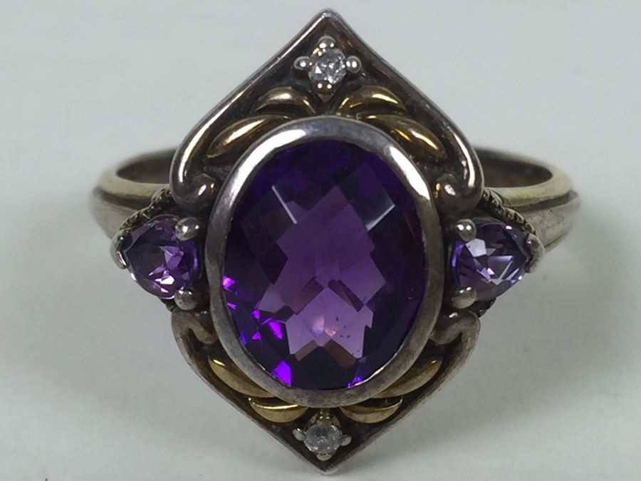 Sterling Silver Ring With Amethysts And Diamonds By Danbury Mint 5.54g [Photo 1]