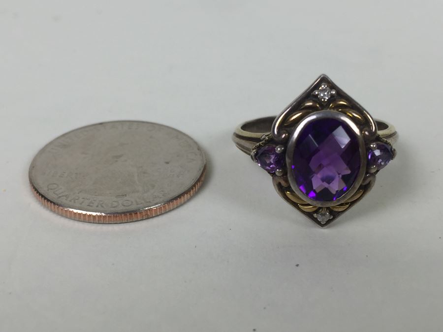 Sterling Silver Ring With Amethysts And Diamonds By Danbury Mint 5.54g [Photo 5]