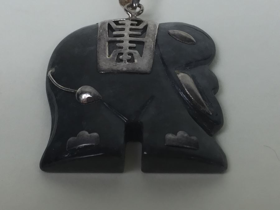 Carved Black Stone Elephant With Silver Overlay And Sterling Silver Chain [Photo 10]