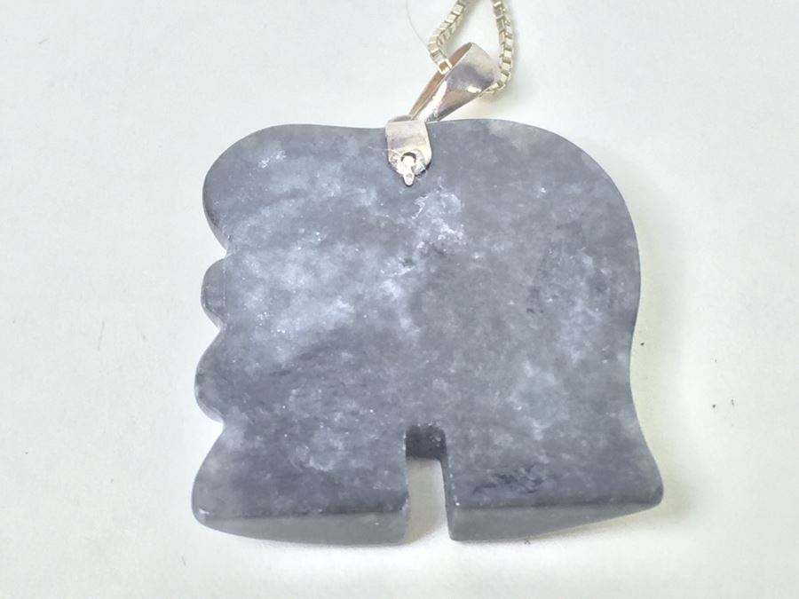 Carved Black Stone Elephant With Silver Overlay And Sterling Silver Chain [Photo 8]