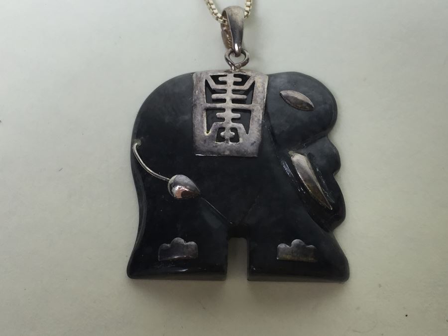 Carved Black Stone Elephant With Silver Overlay And Sterling Silver Chain [Photo 2]