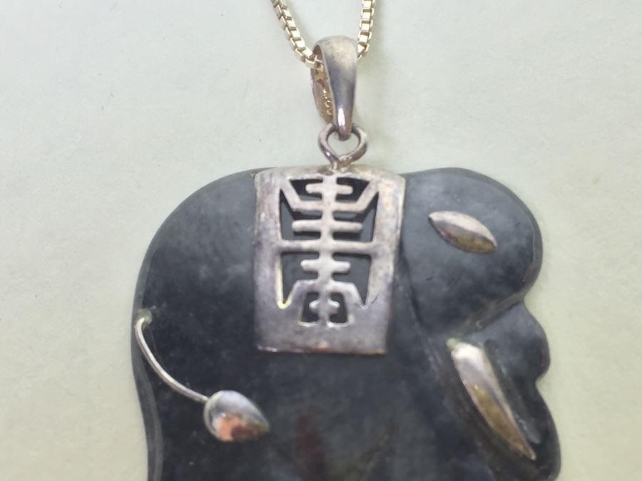 Carved Black Stone Elephant With Silver Overlay And Sterling Silver Chain [Photo 6]
