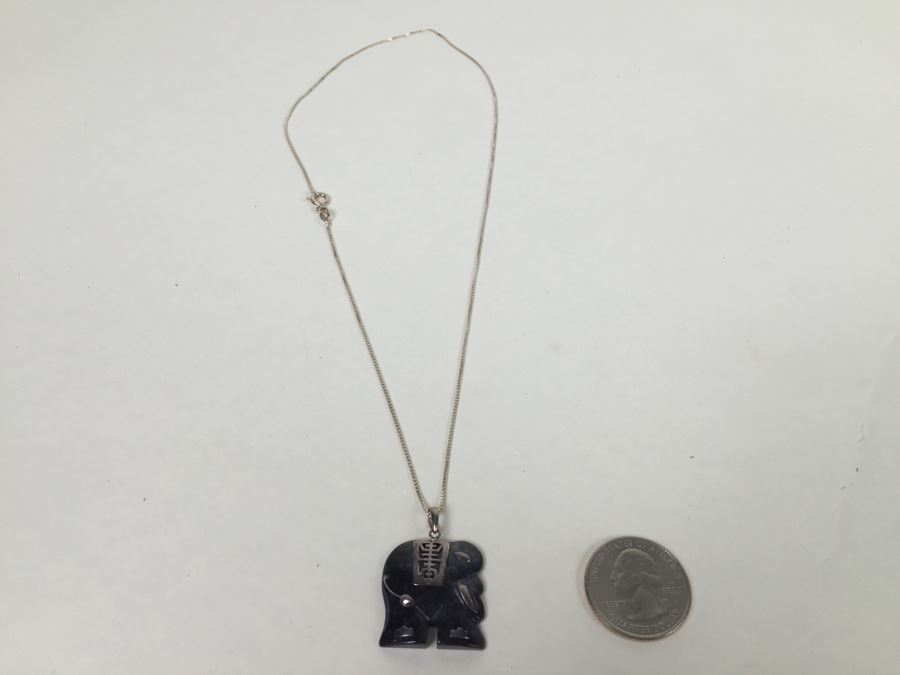 Carved Black Stone Elephant With Silver Overlay And Sterling Silver Chain [Photo 1]