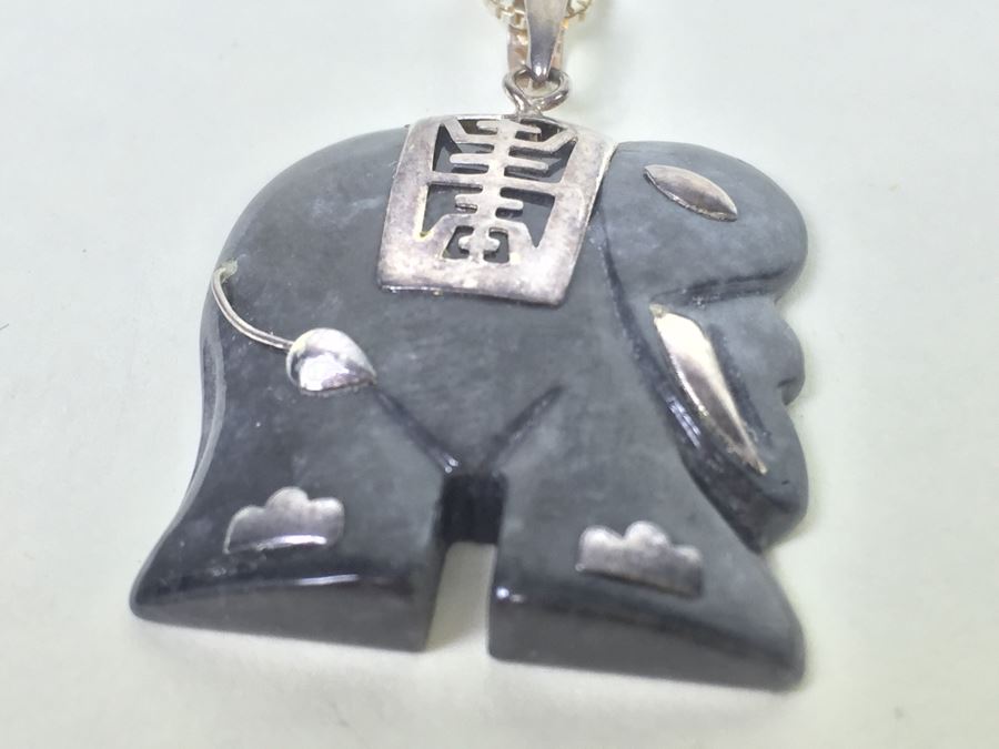 Carved Black Stone Elephant With Silver Overlay And Sterling Silver Chain [Photo 5]