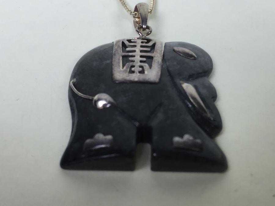 Carved Black Stone Elephant With Silver Overlay And Sterling Silver Chain [Photo 4]