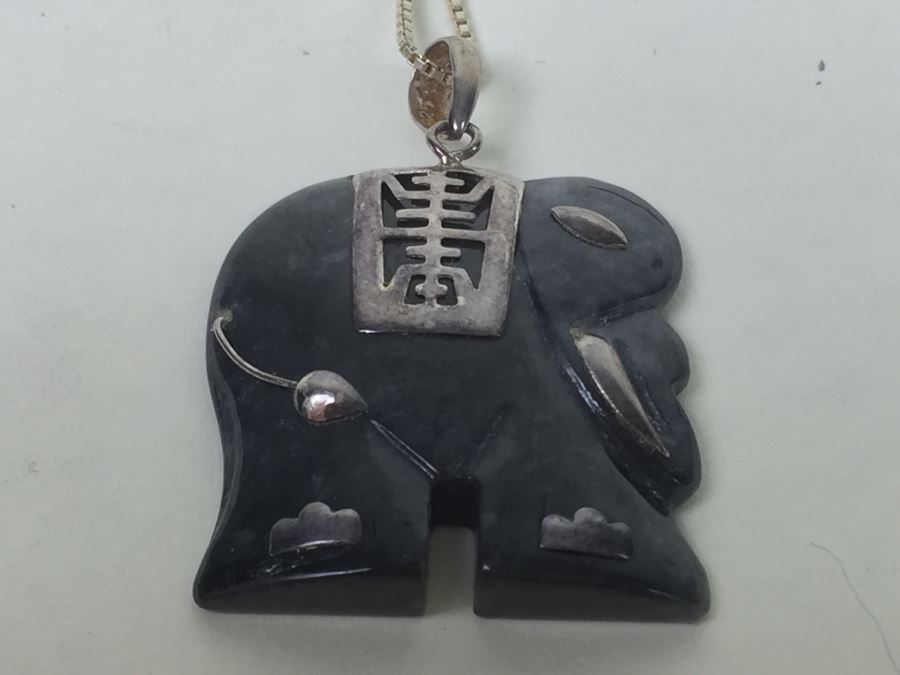 Carved Black Stone Elephant With Silver Overlay And Sterling Silver Chain [Photo 9]