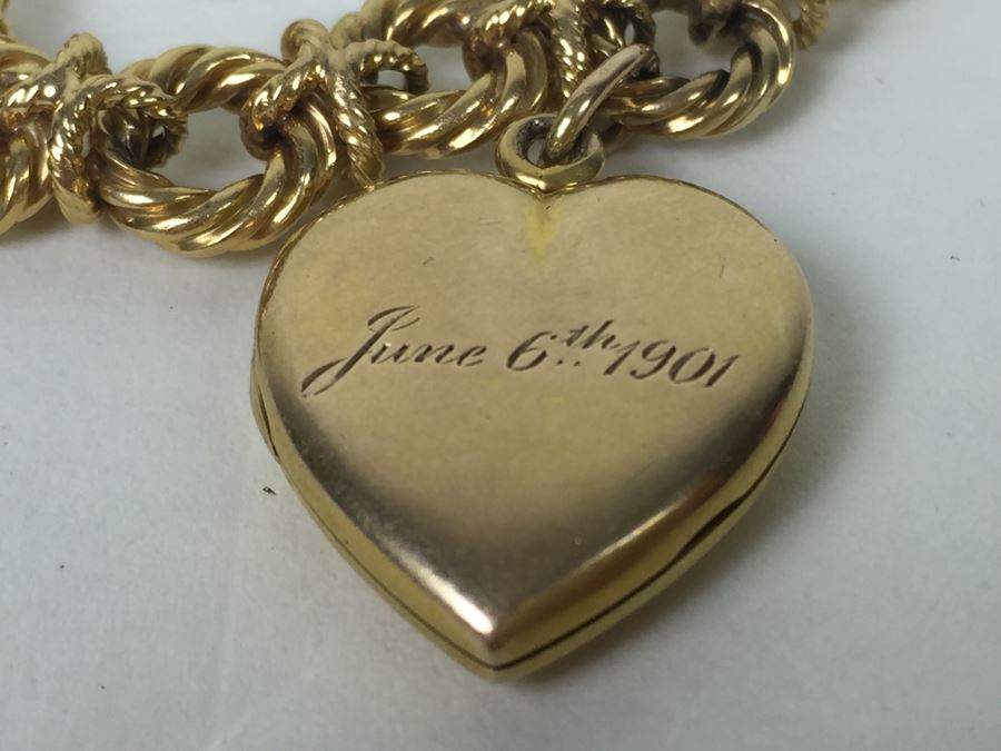 Antique 14K Gold Diamond Heart Shaped Locket With 14K Gold Bracelet Engraved June 6th 1901 29.5g [Photo 6]