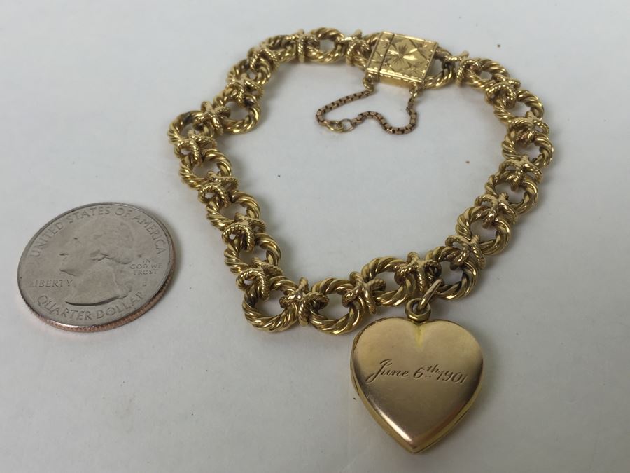 Antique 14K Gold Diamond Heart Shaped Locket With 14K Gold Bracelet Engraved June 6th 1901 29.5g