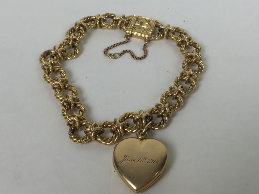 Antique 14K Gold Diamond Heart Shaped Locket With 14K Gold Bracelet Engraved June 6th 1901 29.5g [Photo 8]