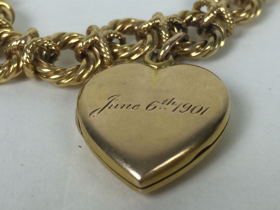 Antique 14K Gold Diamond Heart Shaped Locket With 14K Gold Bracelet Engraved June 6th 1901 29.5g [Photo 7]