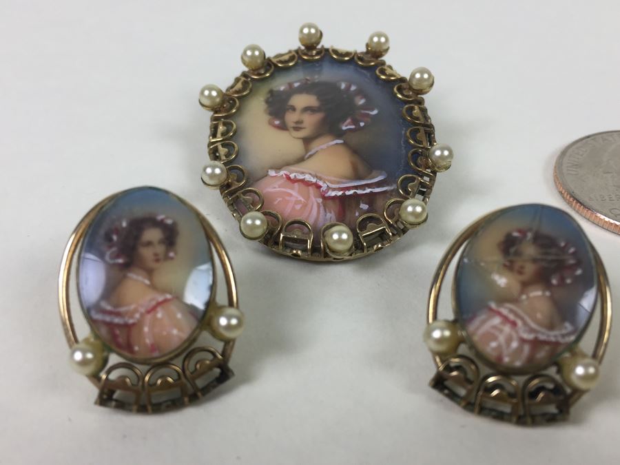 Stunning Hand Painted Gold Filled Brooch And Matching Earrings Signed C A With Arrow [Photo 4]