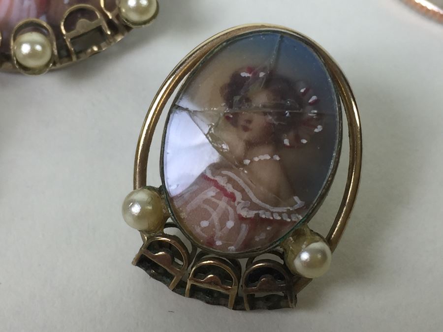 Stunning Hand Painted Gold Filled Brooch And Matching Earrings Signed C A With Arrow [Photo 7]