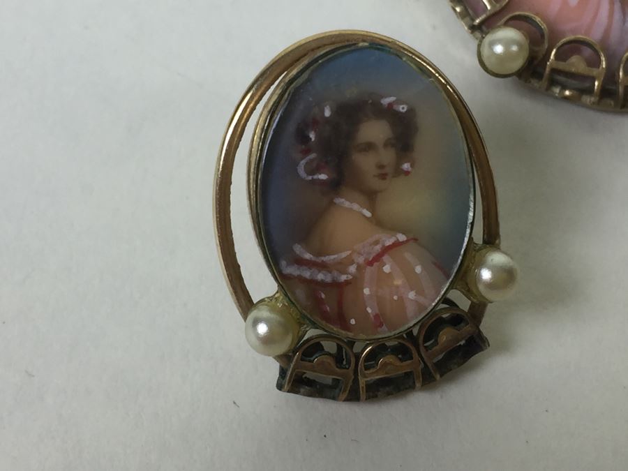 Stunning Hand Painted Gold Filled Brooch And Matching Earrings Signed C A With Arrow [Photo 6]