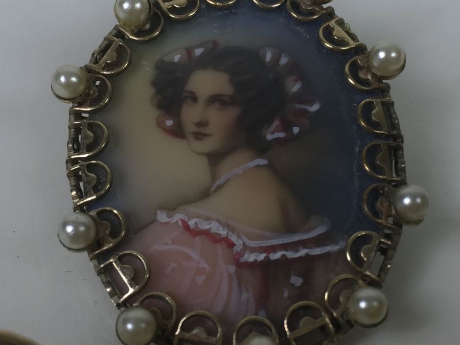 Stunning Hand Painted Gold Filled Brooch And Matching Earrings Signed C A With Arrow [Photo 8]