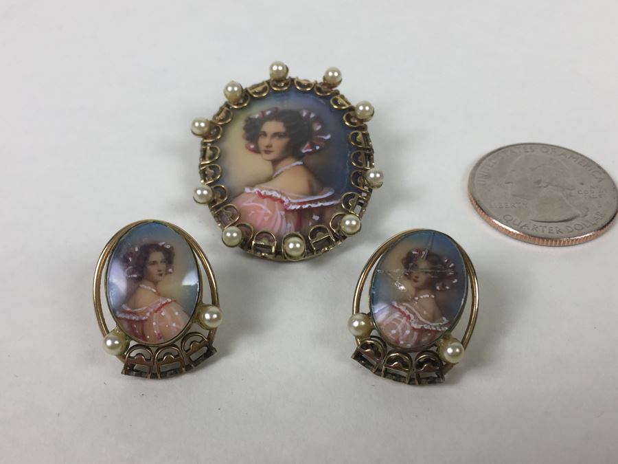 Stunning Hand Painted Gold Filled Brooch And Matching Earrings Signed C A With Arrow [Photo 1]
