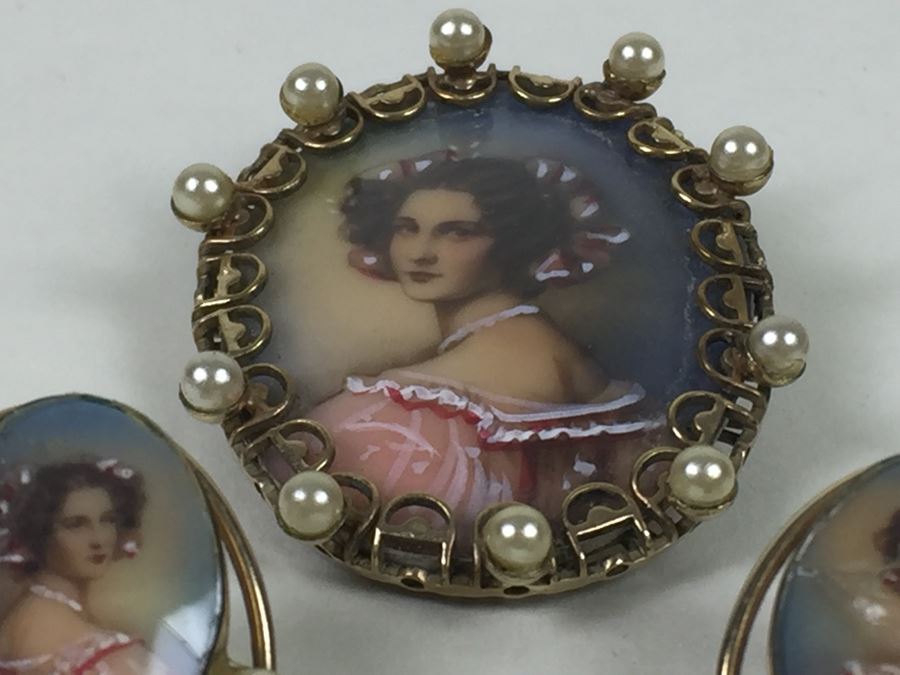 Stunning Hand Painted Gold Filled Brooch And Matching Earrings Signed C A With Arrow [Photo 2]