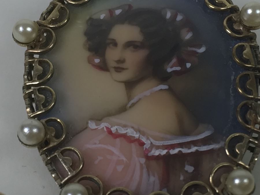 Stunning Hand Painted Gold Filled Brooch And Matching Earrings Signed C A With Arrow [Photo 12]