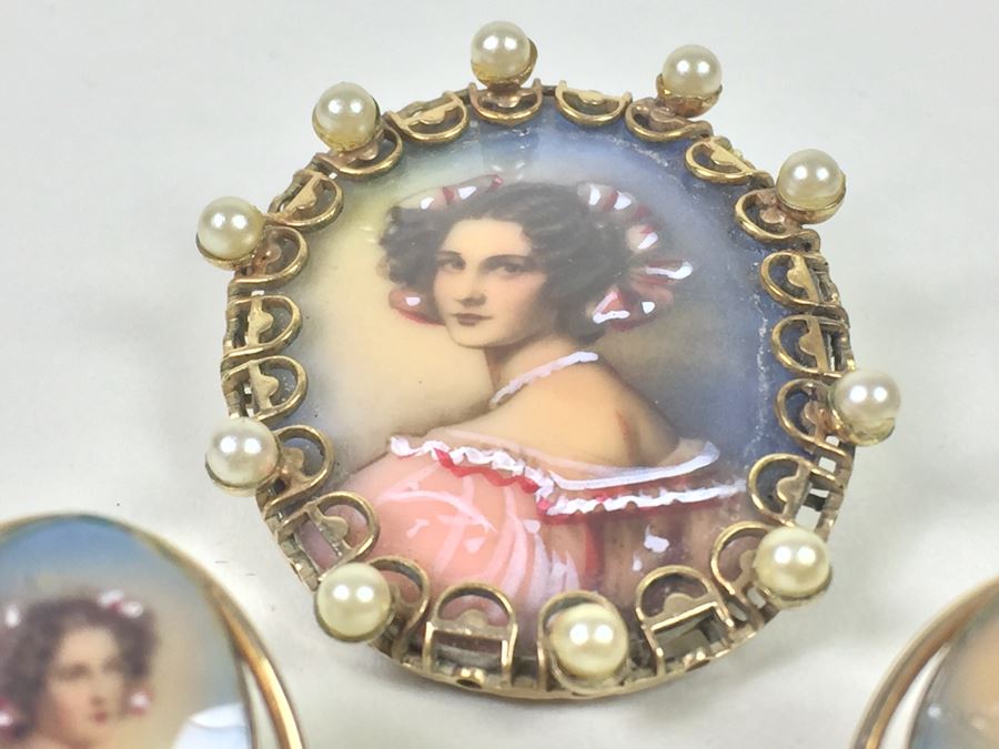 Stunning Hand Painted Gold Filled Brooch And Matching Earrings Signed C A With Arrow [Photo 10]