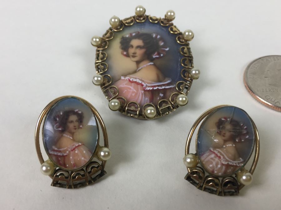 Stunning Hand Painted Gold Filled Brooch And Matching Earrings Signed C A With Arrow [Photo 5]