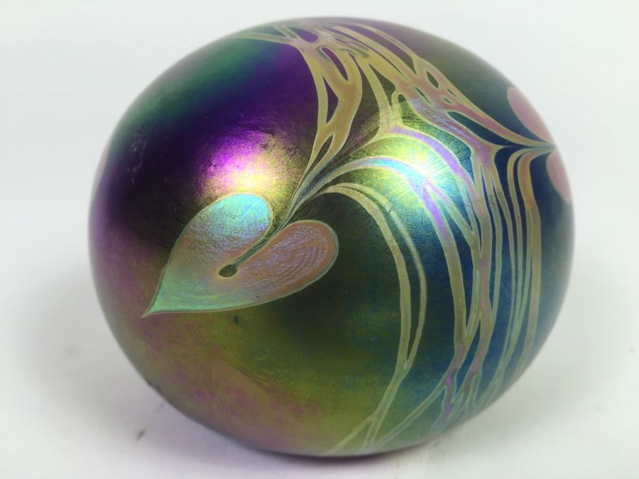 Iridiscent signed buy art glass paperweight