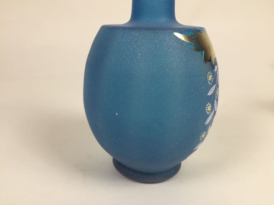 Beautiful Blue Hand Painted Art Glass Vase With Gold Accents Numbered On Bottom [Photo 9]