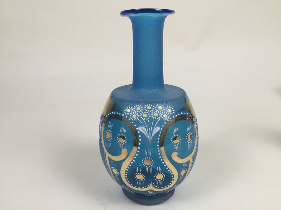 Beautiful Blue Hand Painted Art Glass Vase With Gold Accents Numbered On Bottom [Photo 4]
