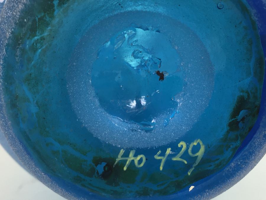 Beautiful Blue Hand Painted Art Glass Vase With Gold Accents Numbered On Bottom [Photo 11]