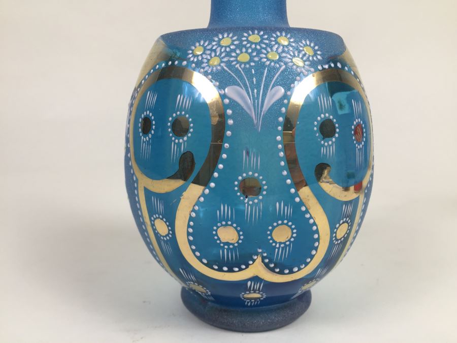 Beautiful Blue Hand Painted Art Glass Vase With Gold Accents Numbered On Bottom [Photo 6]