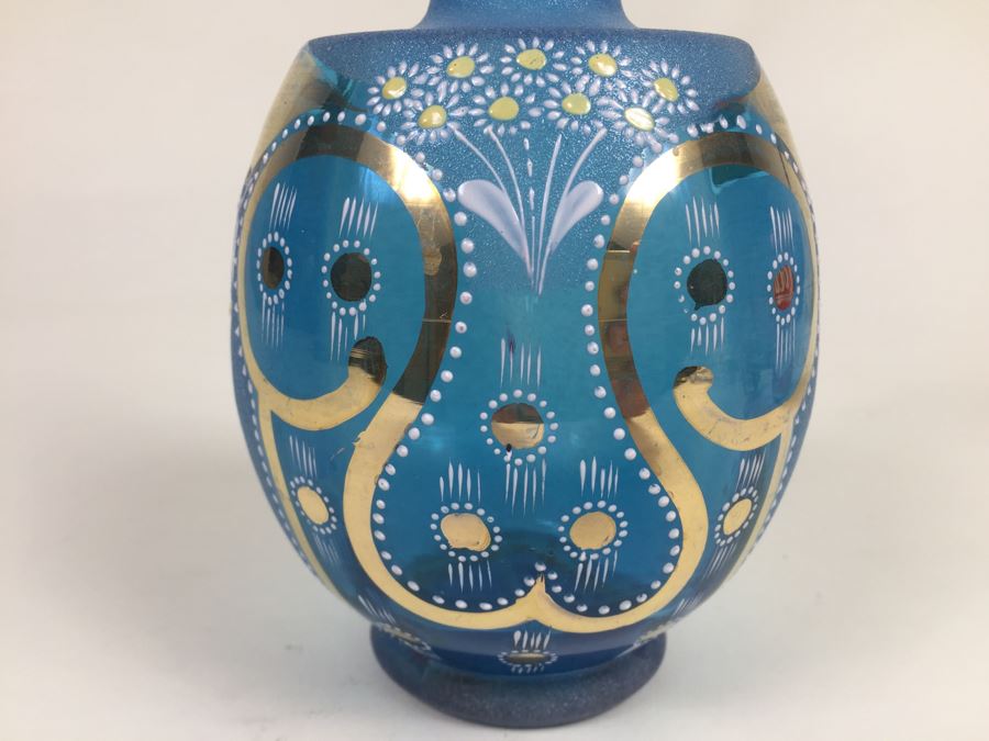 Beautiful Blue Hand Painted Art Glass Vase With Gold Accents Numbered On Bottom [Photo 2]