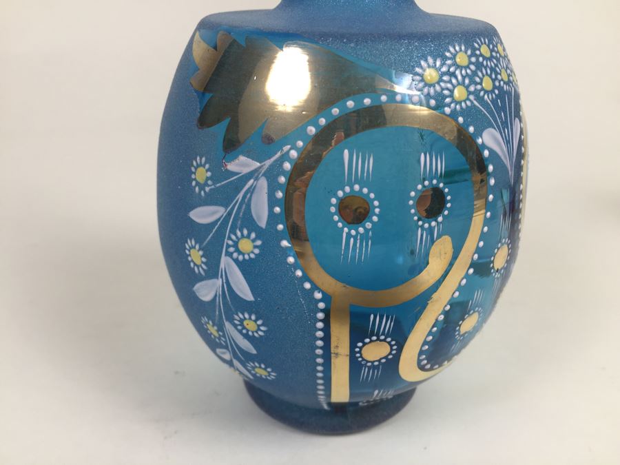 Beautiful Blue Hand Painted Art Glass Vase With Gold Accents Numbered On Bottom [Photo 8]