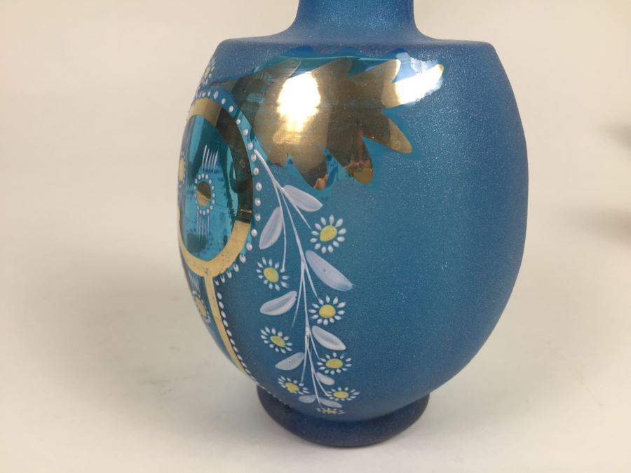Beautiful Blue Hand Painted Art Glass Vase With Gold Accents Numbered On Bottom [Photo 10]
