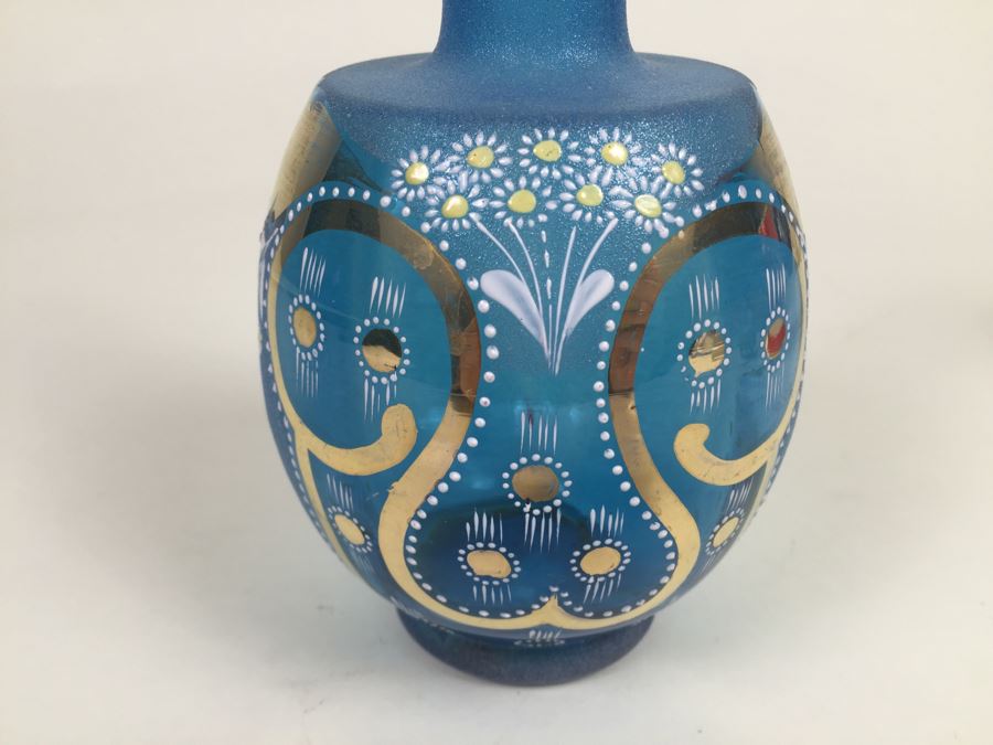 Beautiful Blue Hand Painted Art Glass Vase With Gold Accents Numbered On Bottom [Photo 5]