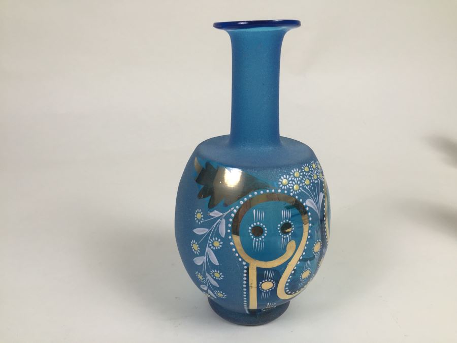 Beautiful Blue Hand Painted Art Glass Vase With Gold Accents Numbered On Bottom [Photo 7]