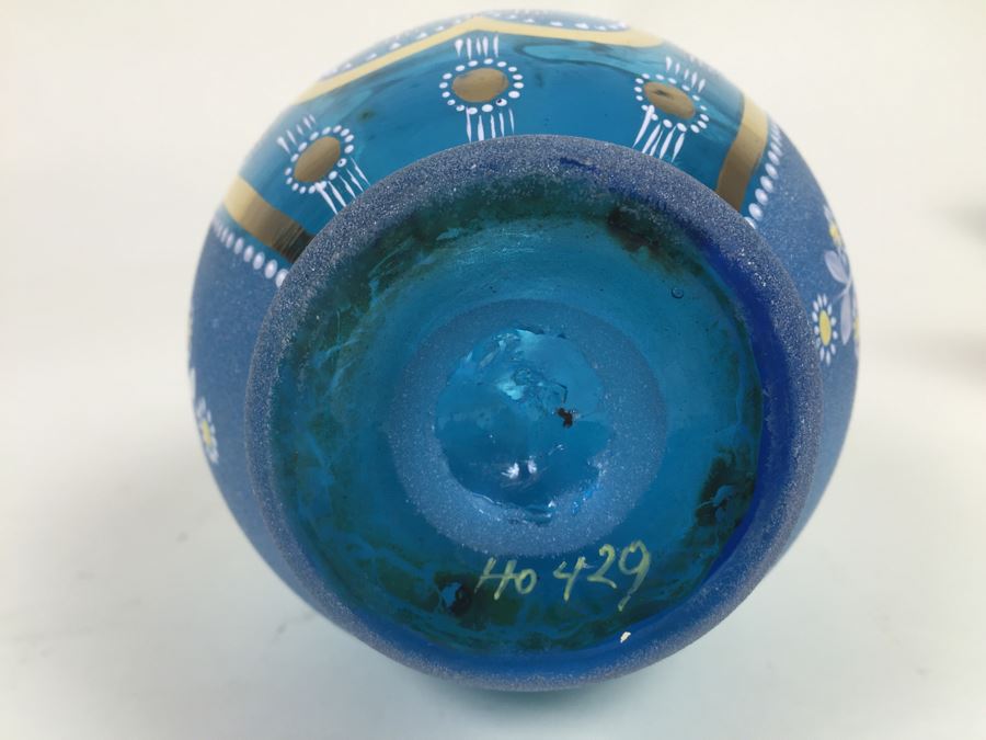 Beautiful Blue Hand Painted Art Glass Vase With Gold Accents Numbered On Bottom [Photo 3]