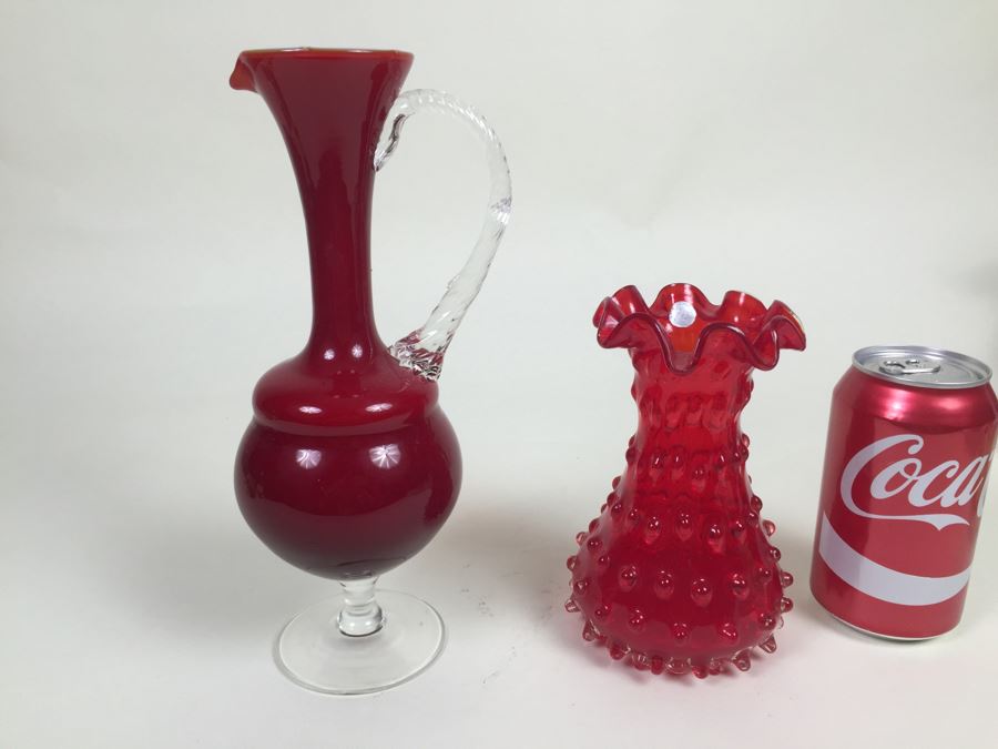 Red Fluted Italian Art Glass Vase And Red Glass Pitcher [Photo 11]