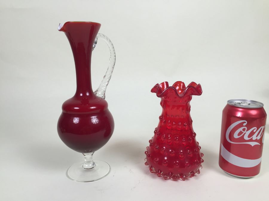 Red Fluted Italian Art Glass Vase And Red Glass Pitcher [Photo 1]