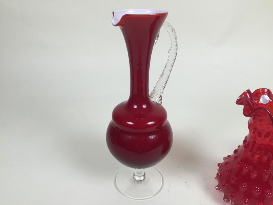 Red Fluted Italian Art Glass Vase And Red Glass Pitcher [Photo 6]