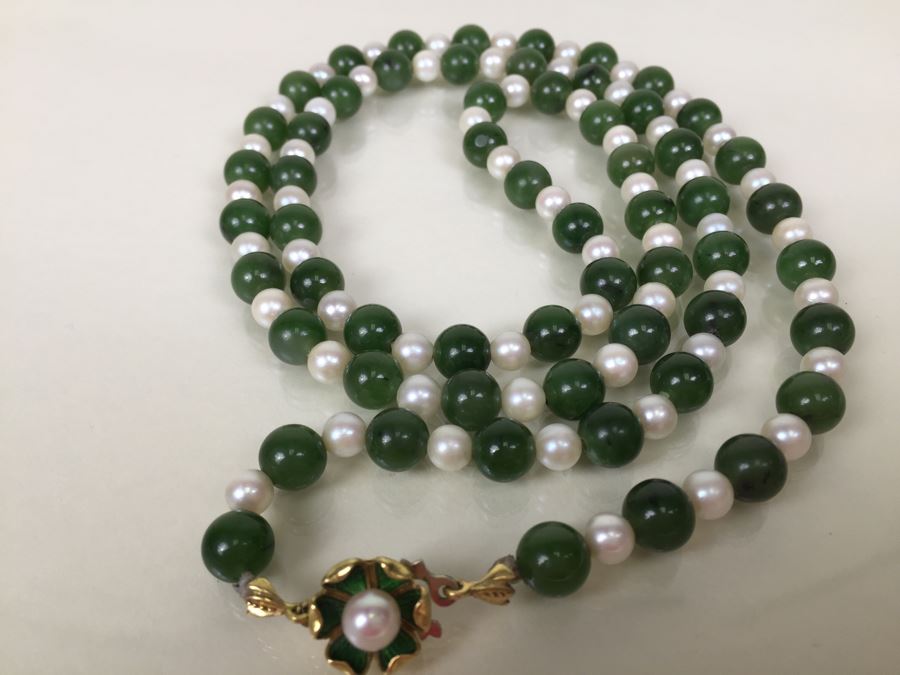 Stunning 18K Gold Jade And Pearl Necklace 65.6g [Photo 16]
