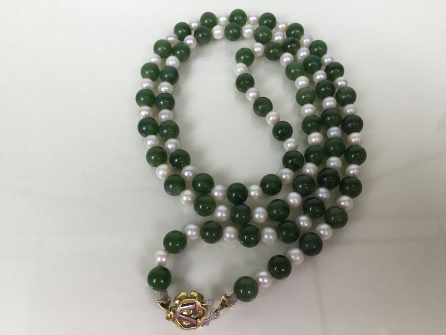 Stunning 18K Gold Jade And Pearl Necklace 65.6g [Photo 15]